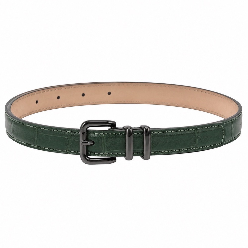 M&S Real Leather Skinny Belt Women Large Green Croc Embossed Gunmetal Forestcore